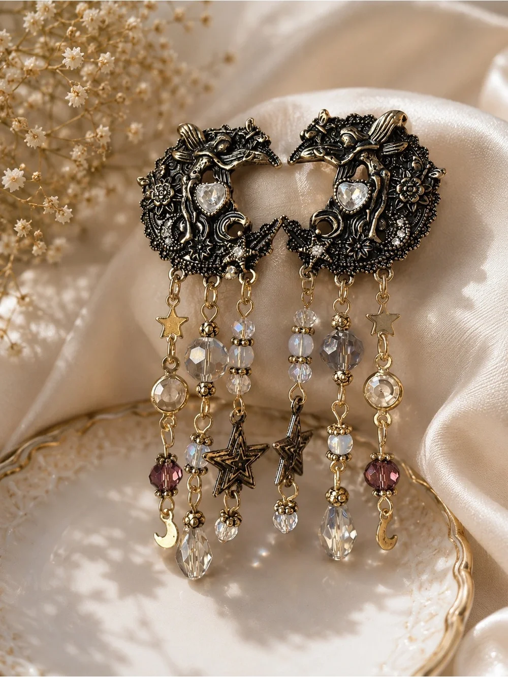 Gold Celestial Moon Drop Earrings